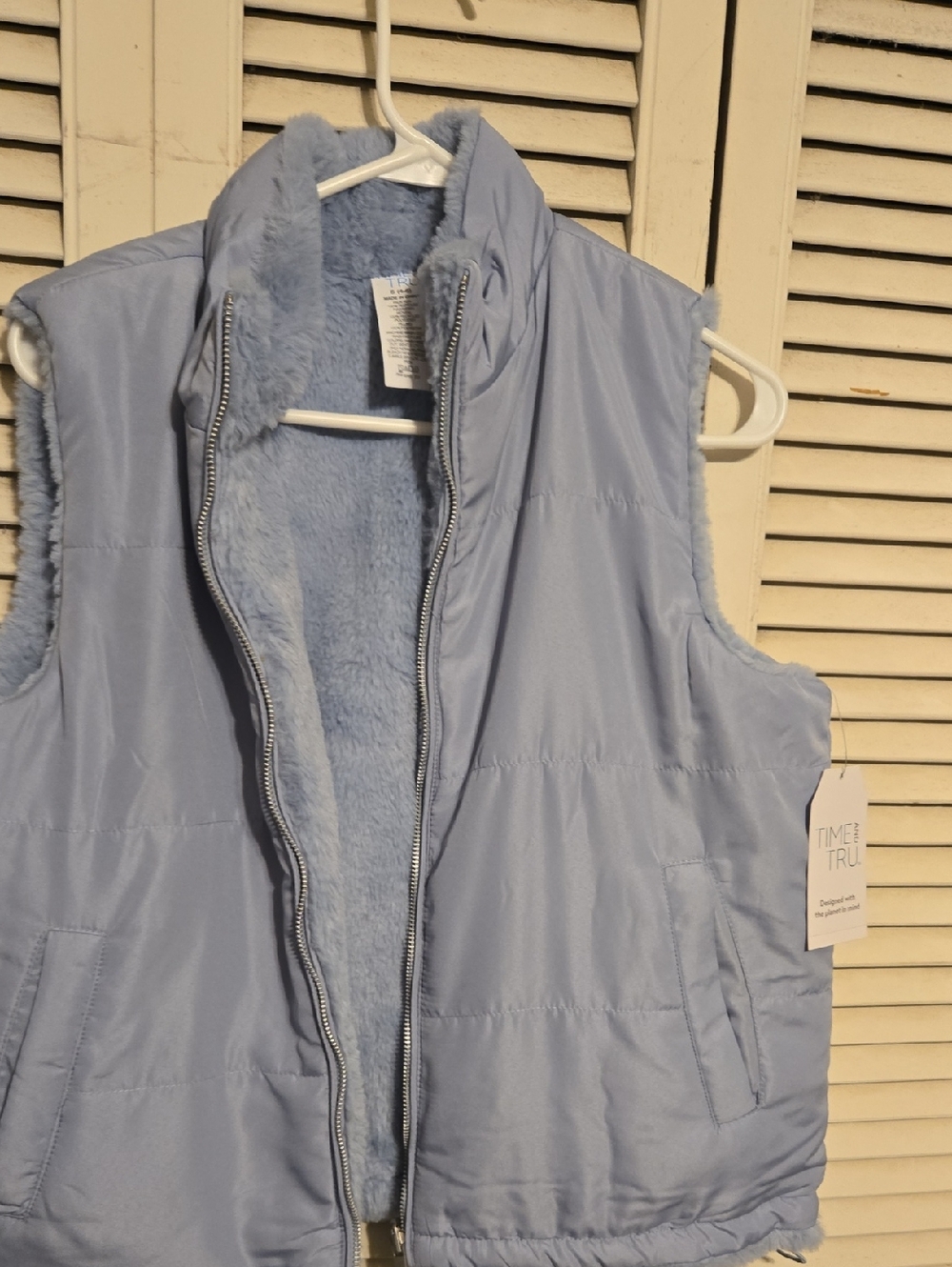 Time and Tru Light Blue Puffer Vest with Faux Fur Lining